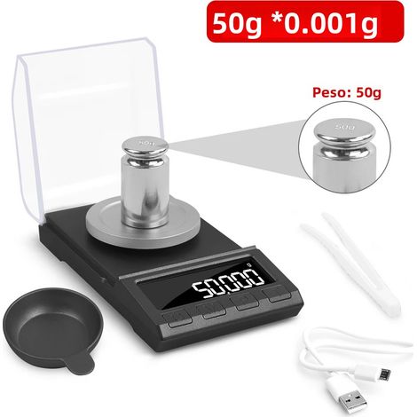 Balance électronique de précision numérique (noire, 50 g), alimentation USB, écran LCD, précision 0,001 g (1/5)