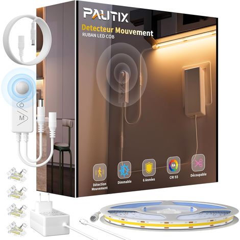 Ruban LED COB avec Mouvement Détecteur 5M 24V 2700K Blanc Chaud Bande LED Dimmable CRI93 Découpable Bande Lumineuse LED avec Extension Câble et Connecteurs pour Chambre Cuisine Escaliers (1/5)