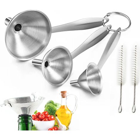 Ensemble de 3 entonnoirs de cuisine en acier inoxydable avec long manche, mini-entonnoirs en métal de qualité alimentaire pour transvaser les liquides huileux, nettoyage facile avec une brosse (1/5)
