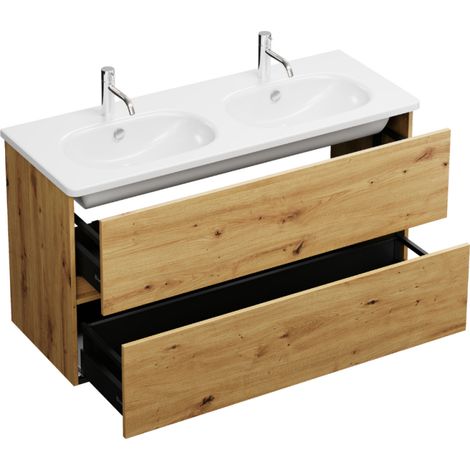 Burgbad – Meuble de salle de bain double vasque 120 cm – Chêne – Vasques en céramique rectangulaires – Siphon gain de place inclus