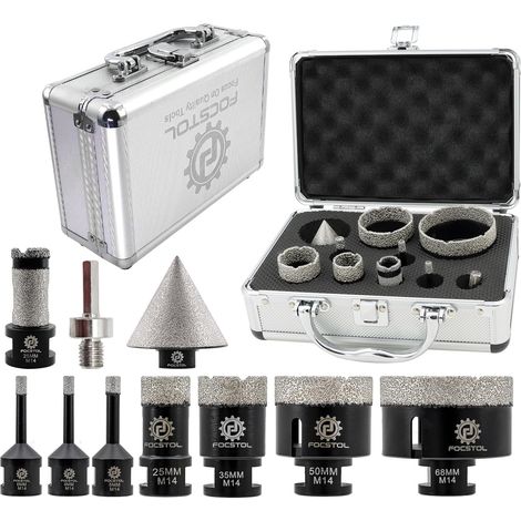 Foret Diamant Carrelage Kit - 10 pièces (6/6/8/25/35/50/68mm+20mm Fraise+50mm Mèches Chanfrein Biseautées+Adaptateur Hexagonal) Scie Cloche Diamantée pour Porcelaine Carrelage Marbre Granit (1/5)