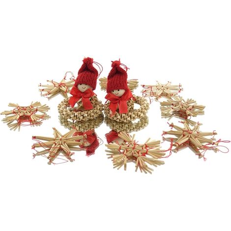POSIWIO Weihnachtsdeko Stroh-Sortiment Natur & Rot Sterne Kränze & 2 Figuren (1/2)