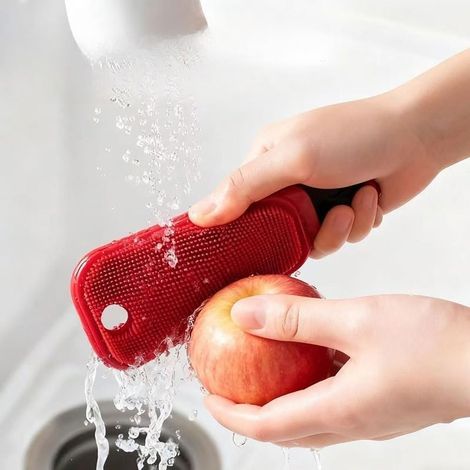 Brosse à légumes et fruits 1 paquet 3 en 1 multifonction avec poils en silicone, outil de nettoyage de cuisine pour produits plats, pots (rouge) (1/5)