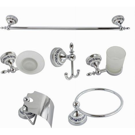 Ensemble De Bain 6 Pièces Acier Verre Céramique Bleu Noir 52438 Savon Rouleau Porte-serviettes (1/2)