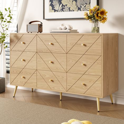 Commode contemporaine 9 tiroirs à pieds métalliques – Meuble de rangement design pour chambre, salon ou entrée – Structure solide en aggloméré avec motifs géométriques élégants et poignées ergonomique