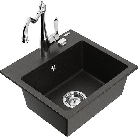 Mexen Milo 1-Becken-Granit-Spüle mit Mischbatterie Carla, Schwarz/Gold metallisch - 6505-75-670700-0