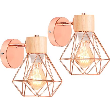 Set of 2 Industrial Wall Sconces Metal Cage Design Wood Wall Lamp Decoration Adjustable Vintage Interior Light for Bedroom, Hallway, Living Room, 16 cm (Style-B Rose Gold) (1/5)