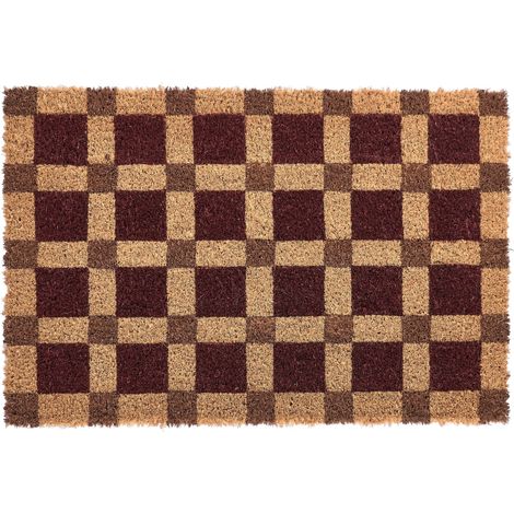 Paillasson en Fibre de Coco 60 x 90 cm Antidérapant Dessous en PVC Motif à Carreaux Beige et Rouge Villasis (1/5)