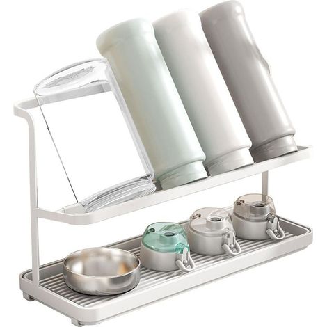 Égouttoir à bouteilles à 2 niveaux en acier au carbone avec plateaux inclinés, gain de place pour les bouteilles, les tasses et les verres. (1/5)