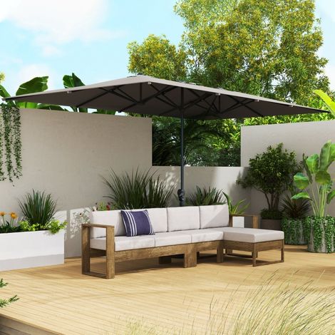 Double parasol jardin 451 x 264 cm UV 50+ anti-vent structure aluminium manivelle pour terrasse balcon gris foncé.