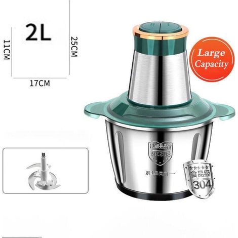 Elektrischer Fleischzerkleinerer aus Edelstahl, 250 W, 2 L, grüne Küchenmaschine, 2 Geschwindigkeiten, hoch/niedrig, Doppelmesser, geeignet für Fleisch, Früchte, Erdnüsse und Trockenfrüchte.