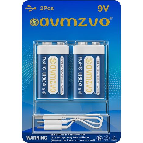 9V Piles Rechargeables, 1350 mAh (Lot de 2) avec Charge Rapide USB-C, pour détecteurs de fumée, Microphones, Jouets et multimètres. (9V-USB-2) (1/5)