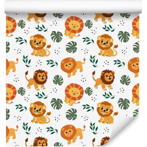 Papier peint Lions Blanc, Crème et Or pour Salon et Chambre 50x1000 cm (1/5)