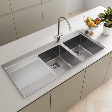 Kitchen Sink 2 Bowl Square Inset Stainless Steel Left Hand LH Drainer Overflow
