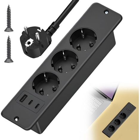 Multiprise encastrable avec USB et type C, 6 en 1, multiprise encastrable, plateau de table encastré avec câble de 2 m, multiprise pour bureau, noire