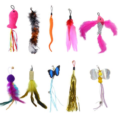 10 têtes de rechange pour baguette à chat, jouets en peluche et plumes, formes de chenille et libellule, pour stimulation instinctive (1/5)