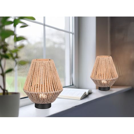 2er SET Akku Tischlampen USB aufladbar, Lampenschirm aus Papiergarn, Höhe 22cm (1/5)