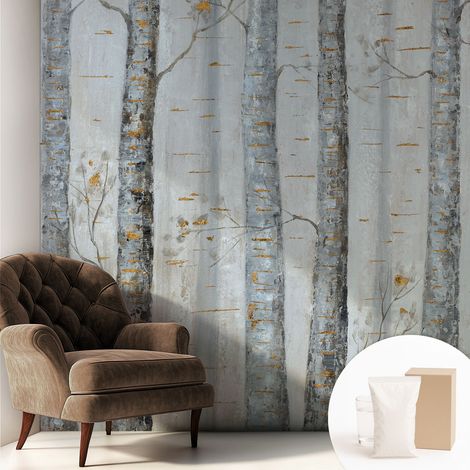 Papier peint intissé mural avec imprimé motifs décoratifs - style contemporain - Colle incluse gratuite Bouleaux 250x250 cm (1/5)