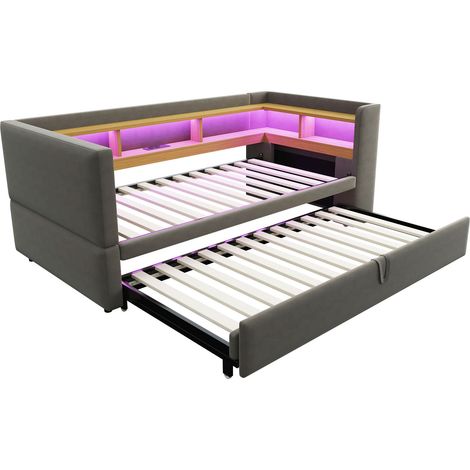 Cama nido tapizada 90/180 x 190 cm con LED, enchufes y almacenaje, gris oscuro MODENUIT (1/5)