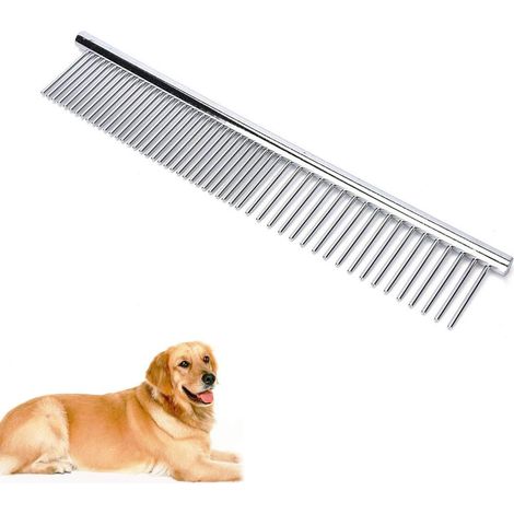 – Peigne de toilettage en acier inoxydable pour chiens à poils longs – Dents larges et étroites – Élimine enchevêtrements et saleté – Massage doux