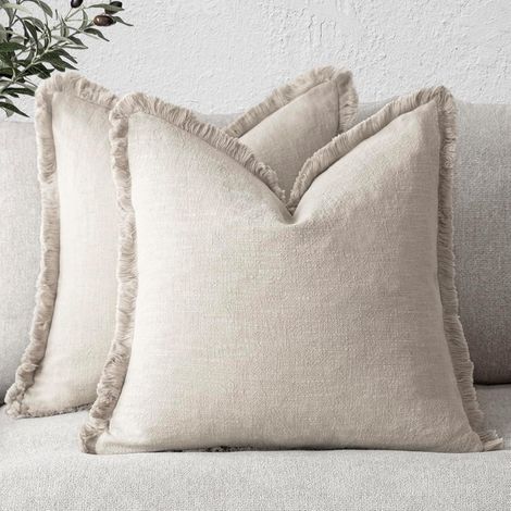 BEBUSINGOTO Set aus 2 dekorativen Leinenkissenbezügen mit Fransen im Bohème-Stil, weich und dekorativ, für Sofa, Bett, Wohnzimmer, Wohnaccessoires, 45 x 45 cm, beige (1/5)