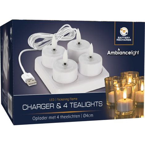 Koopman - Wiederaufladbares LED-Teelicht-Set 4-tlg. - Mit Ladegerät - Weiß (1/2)