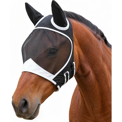 Horse Fly Mask, Breathable Fly Mask for Horses with Earmuffs, with Self-Gripping Band and Breathable Mesh Fabric, Suitable for All Kinds of Horses (Black, L) (1/5)