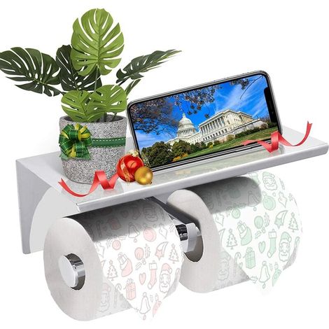 Porte Papier Toilette Double, Etagère de Rangement en 304 Acier Inoxydable, Porte Rouleau de WC avec Support de Téléphone, pour Salle de Bain (Argent) (1/5)