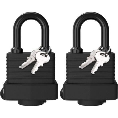 Lot de 2 cadenas en laiton étanches, cadenas d'extérieur en acier laminé résistant aux intempéries, 4 clés, pour casier, salle de sport, garage, clôture, noir