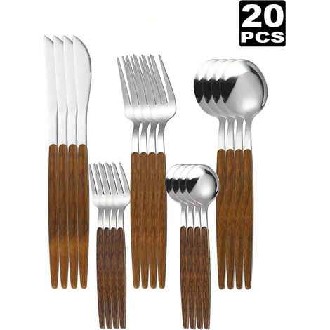 (20 pièces) Couverts en acier inoxydable avec manches en plastique imitation bois portugais (1/5)