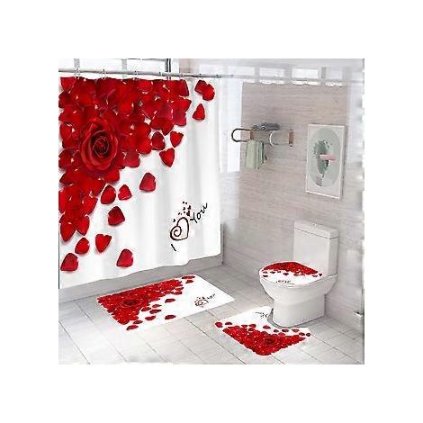 Ensemble de 4 pièces pour la Saint-Valentin : rideau de douche rose avec tapis antidérapant, couvercle de toilette et tapis de bain, rideau de douche vintage imperméable avec 12 crochets. (1/5)