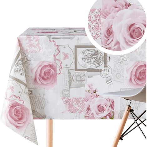Toile Cirée Rectangulaire 200x140cm, Gris Clair, Nappe Plastique en PVC Épais Essuyable pour Intérieur et Extérieur, Facile à Nettoyer, Imperméable en Vinyle - Motif de Roses Anglaises Rétro (1/5)