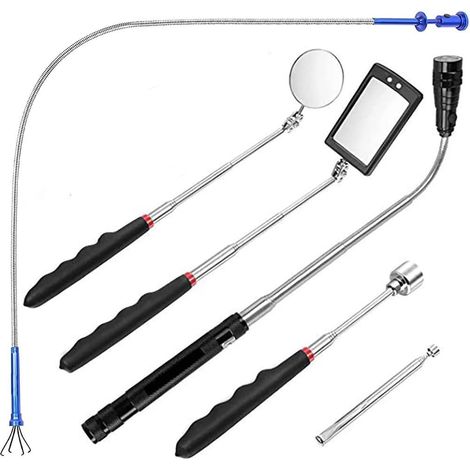 6Pcs Outil de Préhension Magnétique, 1.5/4/20lb Outil de Ramassage Aimanté et Miroir d'Inspection Carré/Rond, Avec LED lumineuse et Poignée Télescopique Pivoter à 360°, Boîte et Batterie Inclus (1/5)