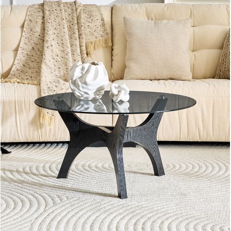 Table basse ronde 80 cm noire en verre et MDF avec plateau résistant à la chaleur, rayures et montage facile (1/5)
