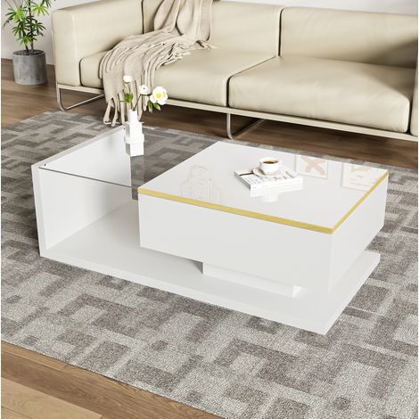 Table basse 100 cm blanche brillante avec plateau en verre trempé, LED 16 couleurs HAVRYA (1/5)