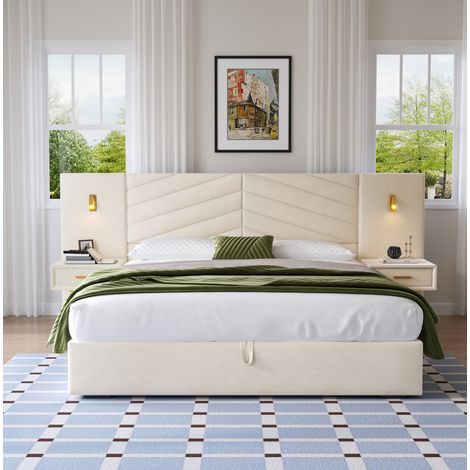 Bett King Size modern aus Samt in Beige White 266x205 cm mit Flügel-Kopfteil, Stauraum und 2 Nachttischen (1/5)