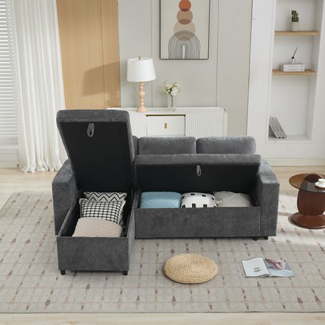 Canapé d'Angle Gris Réversible 3 Places en Tissu Chenille avec Coffre de Rangement et Étagères, Canapé en L Modulable 202x136x85 cm (1/5)