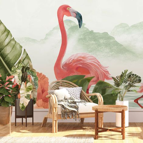 Papier peint panoramique - Flamants roses Fleurs - 130 cm x 81 cm (1/4)