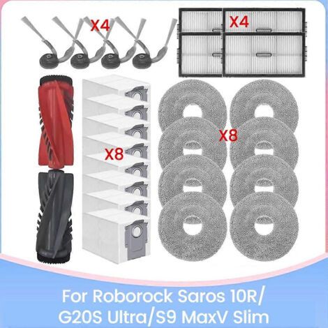 Pièces de rechange pour aspirateur Roborock Saros 10R/G20S Ultra/S9 MaxV Slim : brosse, filtre HEPA, chiffon de nettoyage et sac à poussière