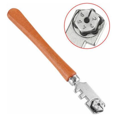 Cortavidrios profesional de 6 ruedas con discos de corte de carburo de tungsteno para cortes de 2 a 6 mm en vidrio, espejos y vidrieras, con mango de madera. (1/5)