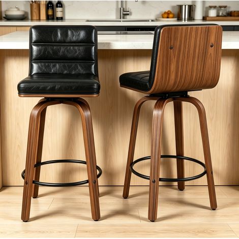 Taburete de bar giratorio 360° en PU negro, 40 x 48 x 90 cm, patas de haya HAVRYA (1/5)