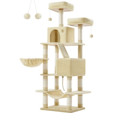 Albero per gatti grande torre gioco altezza 168 cm con 13 tiragraffi 1 tavoletta graffiante 2 piattaforme 2 nicchie cesta amaca pon pon tessuto peluche multilivello beige 120003841