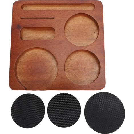 Station de Tassage Café Universelle en Bois de Noyer Antidérapante pour Porte-filtre 16x16cm (1/5)