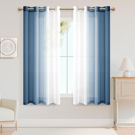 Rideau avec œillets - Transparent - Dégradé de couleur - Voile ombré - Pour chambre à coucher et salon - 145 cm x 140 cm (H x l) - Bleu jean (1/5)