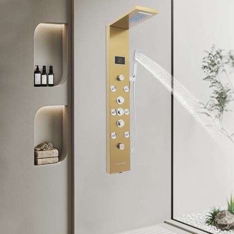Panel de ducha de acero inoxidable amarillo LED, juego de ducha, ducha de lluvia, grifería de ducha, columna de ducha (1/5)
