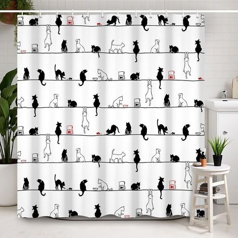 150x180cm Rideau de Douche Chat Blanc Noir avec Crochet Mignon Chaton Rideau de Bain Étanche pour Animaux de Compagnie (1/5)