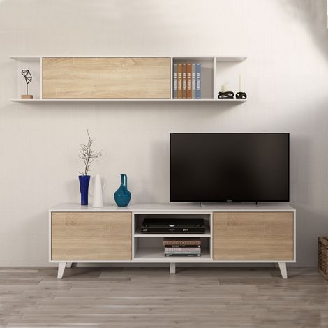 Meuble TV 2 portes et 2 niches 180x41x51 cm en mélamine blanc et chêne