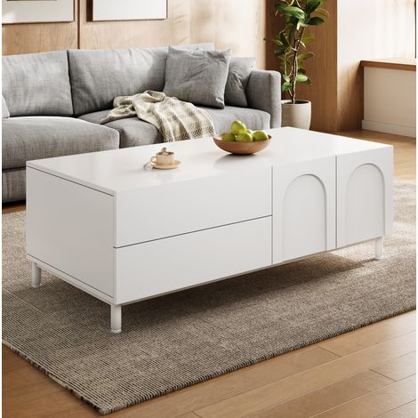 Table basse 100x50x39,5 cm blanche avec 2 tiroirs et 2 portes, panneaux de particules et MDF MEUBLIV (1/5)