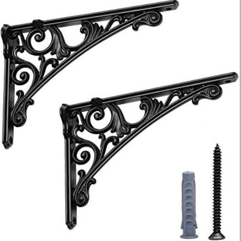 Lot de 2 supports d'étagère de 20,3 cm robustes - Support mural baroque décoratif pour cuisine - Noir (1/5)