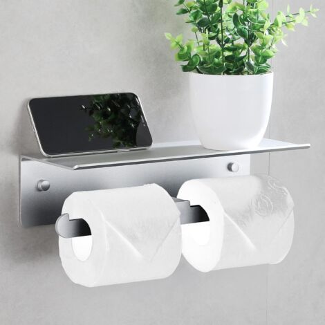 Porte Papier Toilette Mural Aluminium Double Support Hygiénique Rouleau avec Plateforme de Rangement sans Perçage avec Protection de Bord et Anti-Chute pour Salle de Bain WC Argent (1/5)